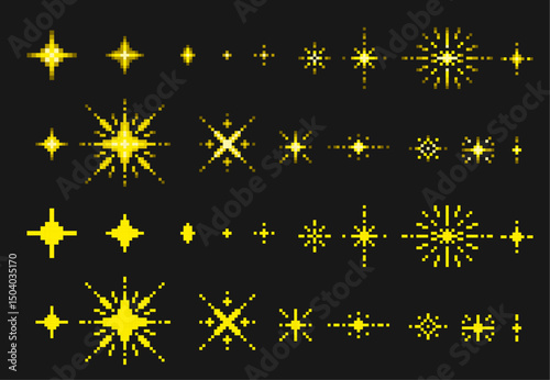Pixel art sparkles and stars. 8 bit sparkle, shine pixel sparks and glitter. Yellow pixelated star, retro arcade game elements. Firework burst 90s and y2k style vector set.