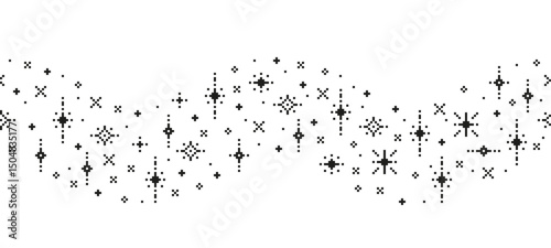 Pixel star sparkle wavy seamless border. Pixel art sparkles and glitter frame with 8 bit pixelated stars, magic twinkle in curved flowing pattern. Vector star dust.