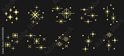 Pixel art sparkle glitter. Stars, 8 bit sparkles, shine pixel sparks. Golden pixelated space star, retro arcade game magic elements. Festive Christmas firework vector set.