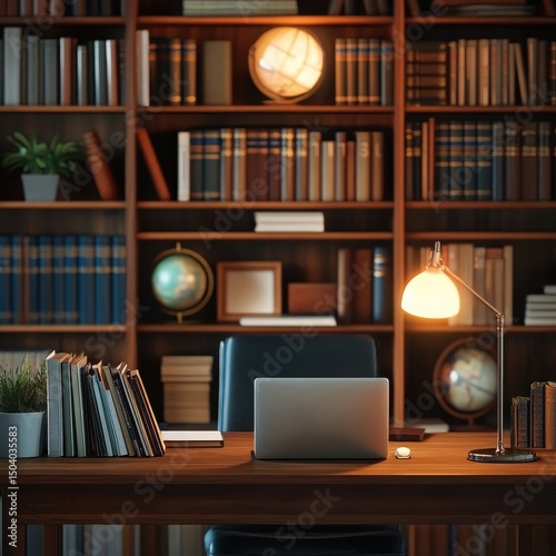 Laptop on wooden desk in a cozy library with bookshelves and warm lighting