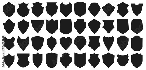 Shield icons. Security shields black icons. Medieval knight emblem shapes, vintage badges. Vector silhouette protection retro logo, heraldic crest isolated set.