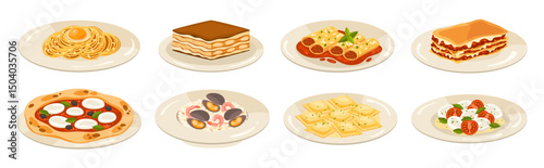 Italian cuisine dishes. Mediterranean food lasagna, pizza and ravioli, tiramisu and risotto, caprese and seafood traditional meal of Italian cuisine. Cartoon vector set.