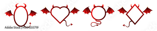 Halloween devil frames. Demon photo frame with red wings, tail and horns. Diamond, circle and oval, heart shape borders. Evil symbol for Halloween greeting card. Vector set.