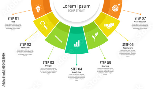 Semicircular pie chart. Round business chart with 7 steps process options, startup workflow. Circular diagram with color segments vector roadmap infographic for planning.