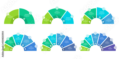 Semicircle steps diagram infographic templates. Round business chart 2 -7 process options, step by step startup workflow. Ring timeline vector infographic for presentation.