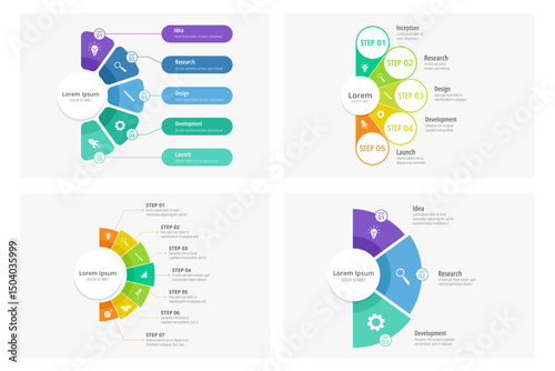 Semicircle pie chart infographic template. Business infographics with process stages. Half-circle fan diagram, progress workflow, circular segmented timeline. Vector set.