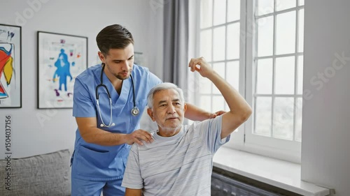 A young male physiotherapist supports an elderly patient with arm mobility exercises in a bright rehab room, capturing physical rehabilitation, patience and care for aging bodies in modern clinics