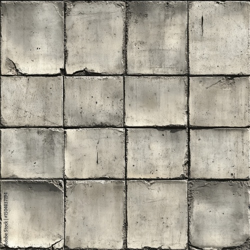 Weathered grey square tiles, showing age and wear with cracks and discoloration, arranged in a grid pattern