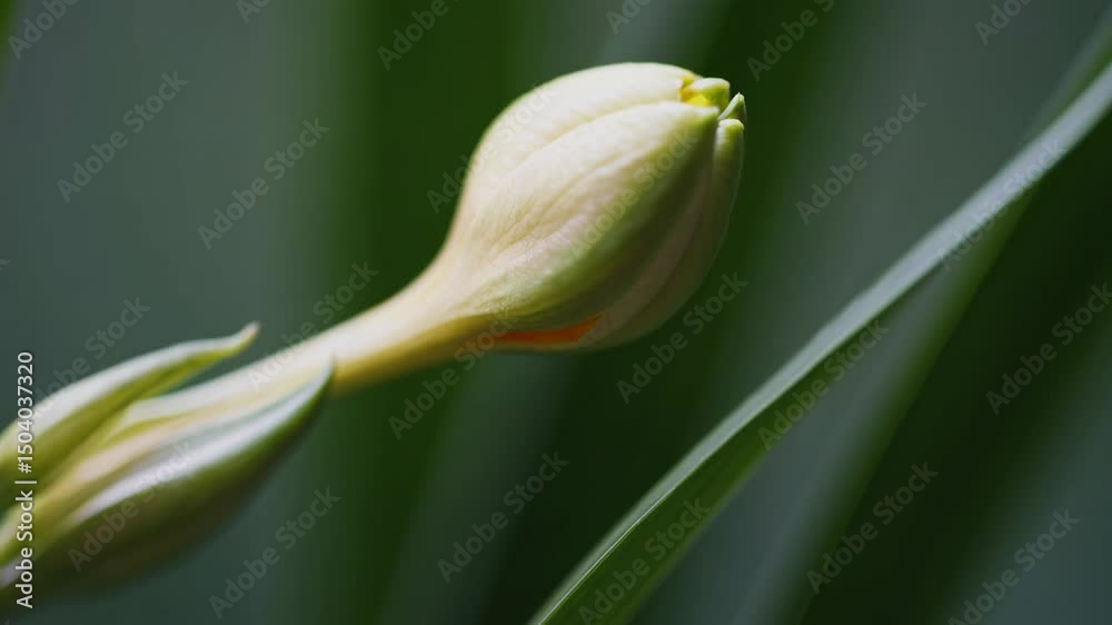 Close-up video shot of a green flower bud with a shallow depth of field, capturing the delicate textures and vibrant hues from a side angle. Live desktop wallpaper.
