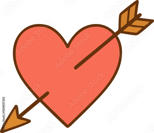 Flat Vector Illustration of a Red Heart Pierced by an Arrow with Brown Outline, Yellow Arrowhead, and Fletching, Symbolizing Love, Passion, and Romance