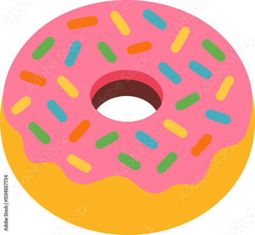 Colorful Flat Vector Illustration of a Tasty Donut with Pink Frosting and Multicolored Sprinkles, Sitting on a Vibrant Yellow Background
