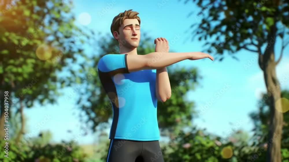 Cartoon Man Performing Outdoor Arm Stretches Animated Exercise Guide for Beginners Cartoon Man Performing Outdoor Arm Stretches Animated Exercise Guide for Beginners