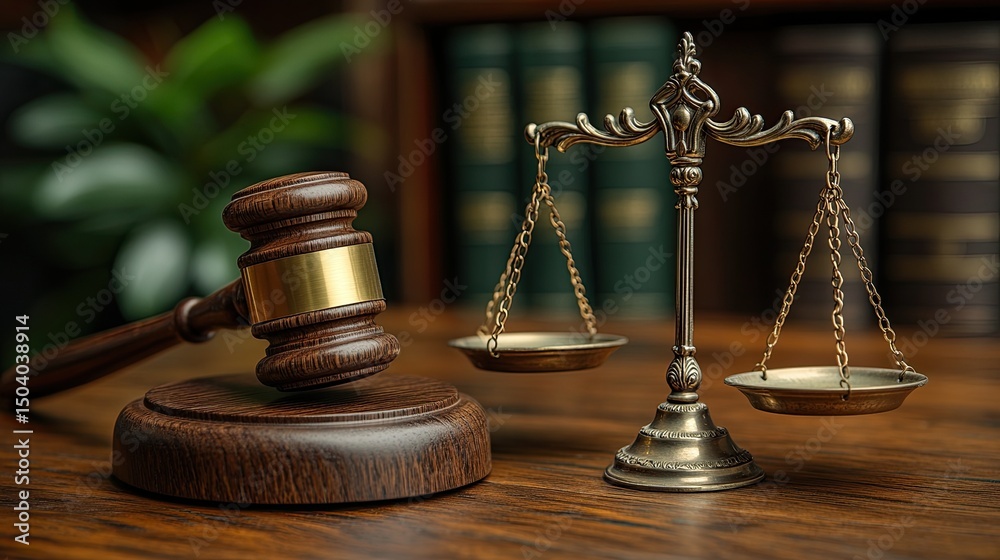 Wooden gavel and justice scales on a law office desk Wooden gavel and justice scales on a law office desk