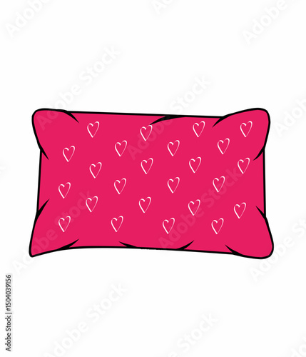 a rectangular pink pillow decorated with a pattern of small white heart outlines, giving it a cute and cozy appearance