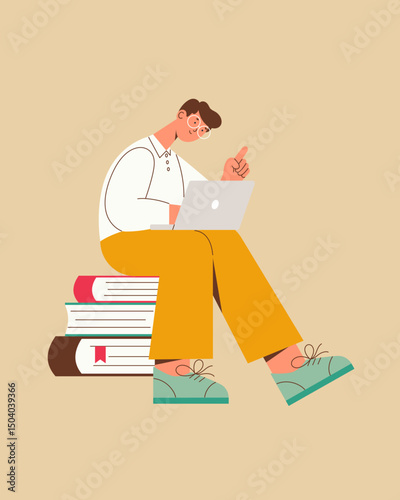 Boy student sits on a stack of books and works with a laptop. Vector illustration.