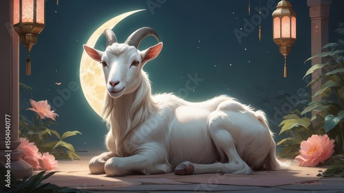 Eid al-Adha: Bakra Eid Painting with Festive Decorations, cow, lamb, cattle, camel, sheep.