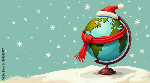 Christmas globe wearing Santa hat and scarf in winter landscape  