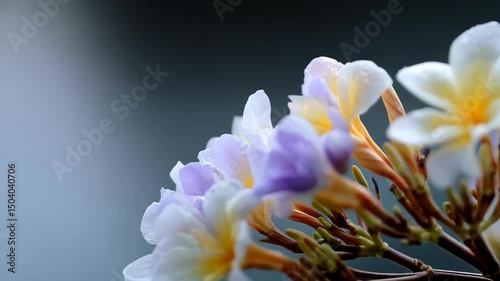 Close-up shot of pastel-colored Plumeria and Iochroma flowers with water droplets on a branch against a soft gradient background. photo
