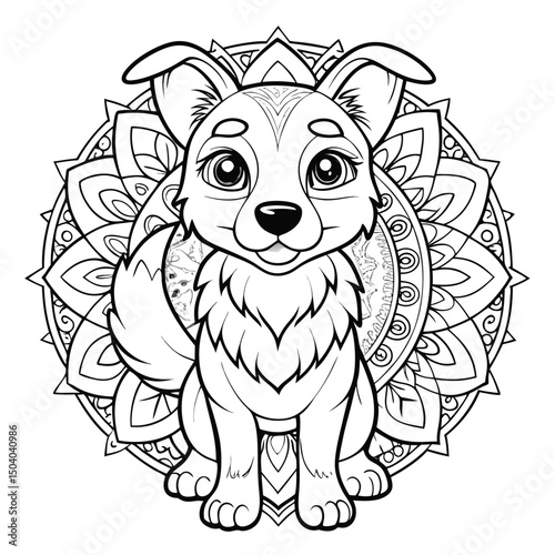 Cute Puppy Coloring Page with Mandala Background for Relaxation and Creativity