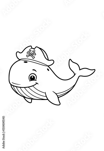 cartoon of whales wearing pirate hat illustration. coloring page for kids