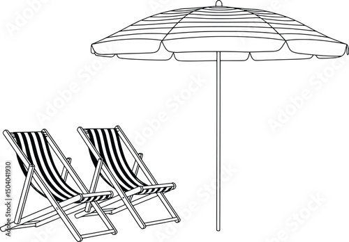 Beach umbrella two striped deck chairs summer vacation relaxation