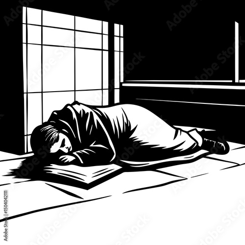 Homeless person sleeping on the street at night