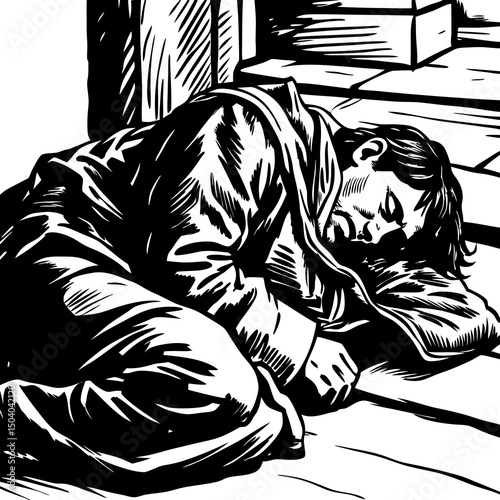 Homeless person sleeping on steps illustration