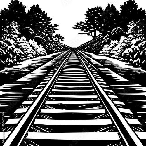 Black and white railroad tracks leading to trees