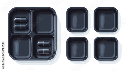 Arrangement of Empty Black Plastic Food Containers in Organized Layout for Storage and Delivery Package in Top View