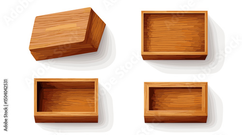Arrangement of Four Wooden Rectangular Boxes with Shadow and Pixelated Style on White Background