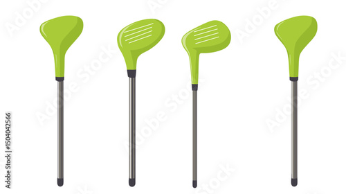 Assorted Green Golf Clubs with Iron Shafts Isolated on White Background Golfing Equipment Sport and Recreation