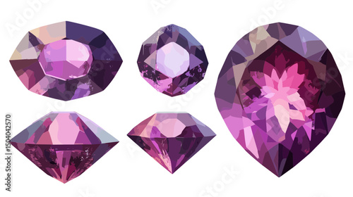 Assorted Faceted Purple Gemstones on White Background Jewelry Design