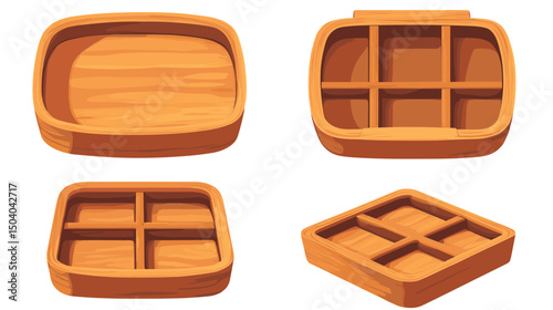 Collection of Brown Wooden Pixel Art Boxes with Dividers Isolated on White Background for Organization and Storage