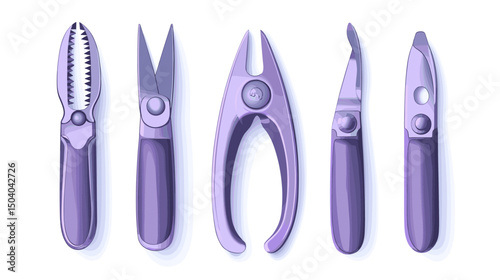 Collection of Five Silver Metal Tools on a White Background in a Flat Lay Arrangement