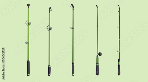 Collection of Fishing Rods Isolated on a Light Green Background Angling Equipment