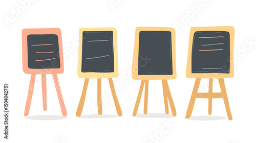 Collection of Four Chalkboards on Easels in Various Styles and Colors Displaying Menu or Message Information with White Background