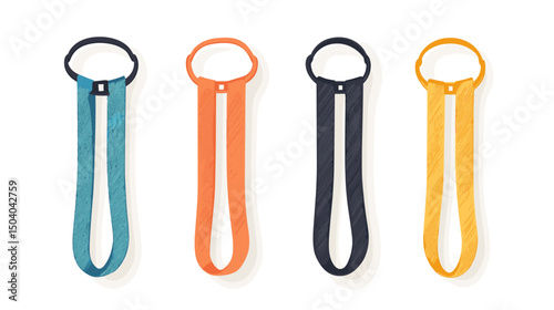 Collection of Four Climbing Loop Harnesses in Blue Orange Black and Yellow on White Background