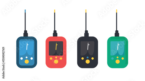 Collection of Four Colorful Radio Devices on White Background Electronic Gadgets with Antennas and Graphic Icons
