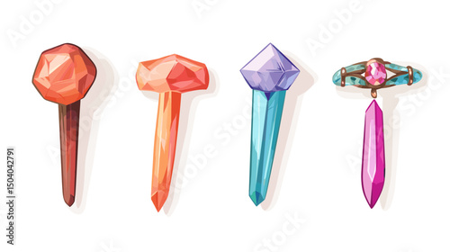 Collection of Four Pixel Art Style Crystals and Gemstone Objects in Various Colors Isolated on White Background