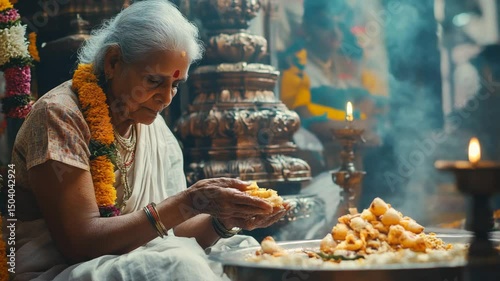 A woman is sitting in front of a table with food on it. She is holding a piece of food in her hand
