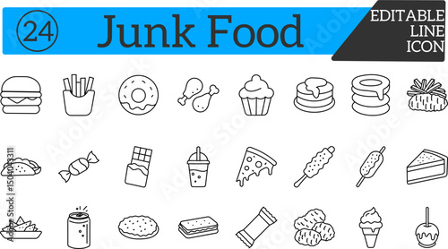 Junk Food and Fast Food Line Icons Set. A fun collection of editable vector icons representing snacks, sweets, street food, sugary treats and more.