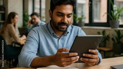 Indian businessman closeup, smiling, reading tablet, business casual, collaborative workspace