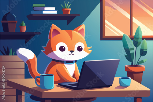 Adorable Orange Cat Working on Laptop from Home Office