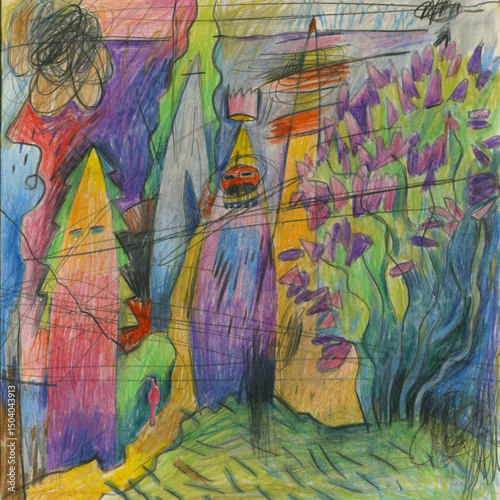 Abstract expressionist illustration with lilac bush and herbs drawn in colored pencils. Botanical shapes and wild nature elements merged in vivid artistic composition.