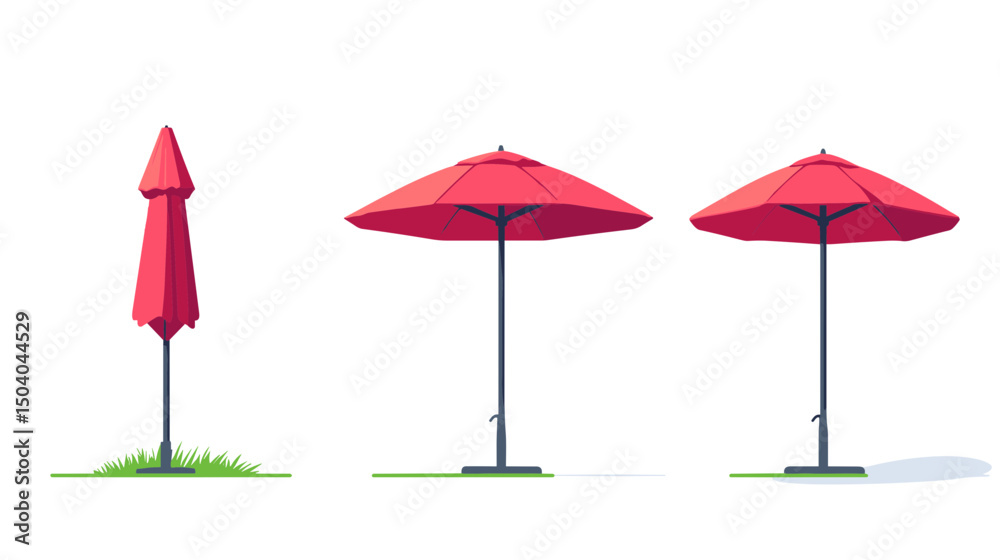 Obraz premium Three Pixelated Red Umbrellas in Open and Closed States Standing on Green Patches on White Background