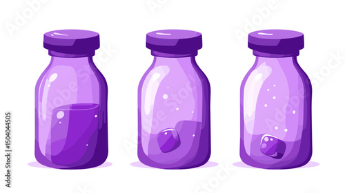 Three Pixelated Purple Glass Bottles Filled with Varying Levels of Liquid and Floating Tablets on White Background