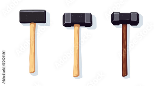 Three Pixelated Sledgehammers with Wooden Handles on White Background