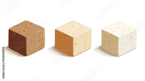 Three Pixelated Sugar Cubes in Brown Beige and White on a White Background
