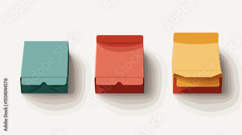 Three Pixelated Stacks of Square Packaging Boxes in Teal Red and Yellow Hues Arranged on a Plain Background in Top View