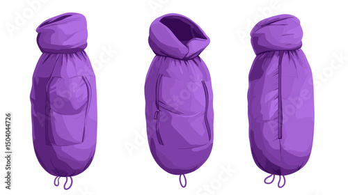Three Purple Sleeping Bags in Pixelated Style on a White Background for Camping